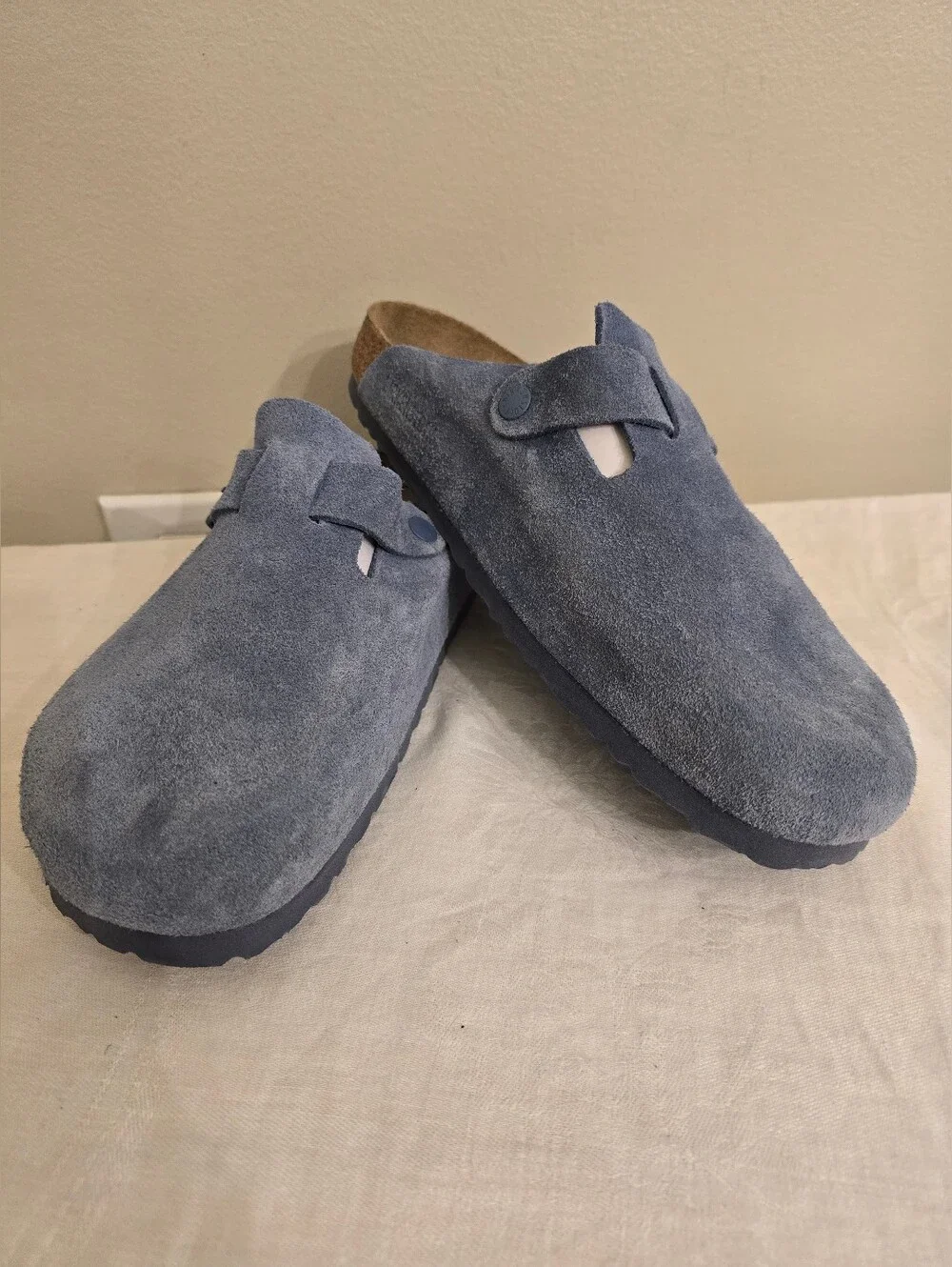 New Without Box- Light Blue Suede Birkenstock Boston Clogs Size 44- Soft Footbed